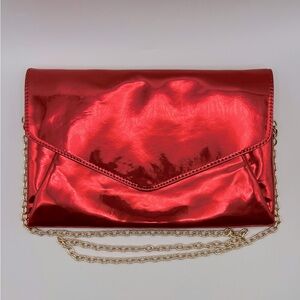 3am Forever Cherry Red Faux Patent Leather Chrome Envelope Clutch Crossb…